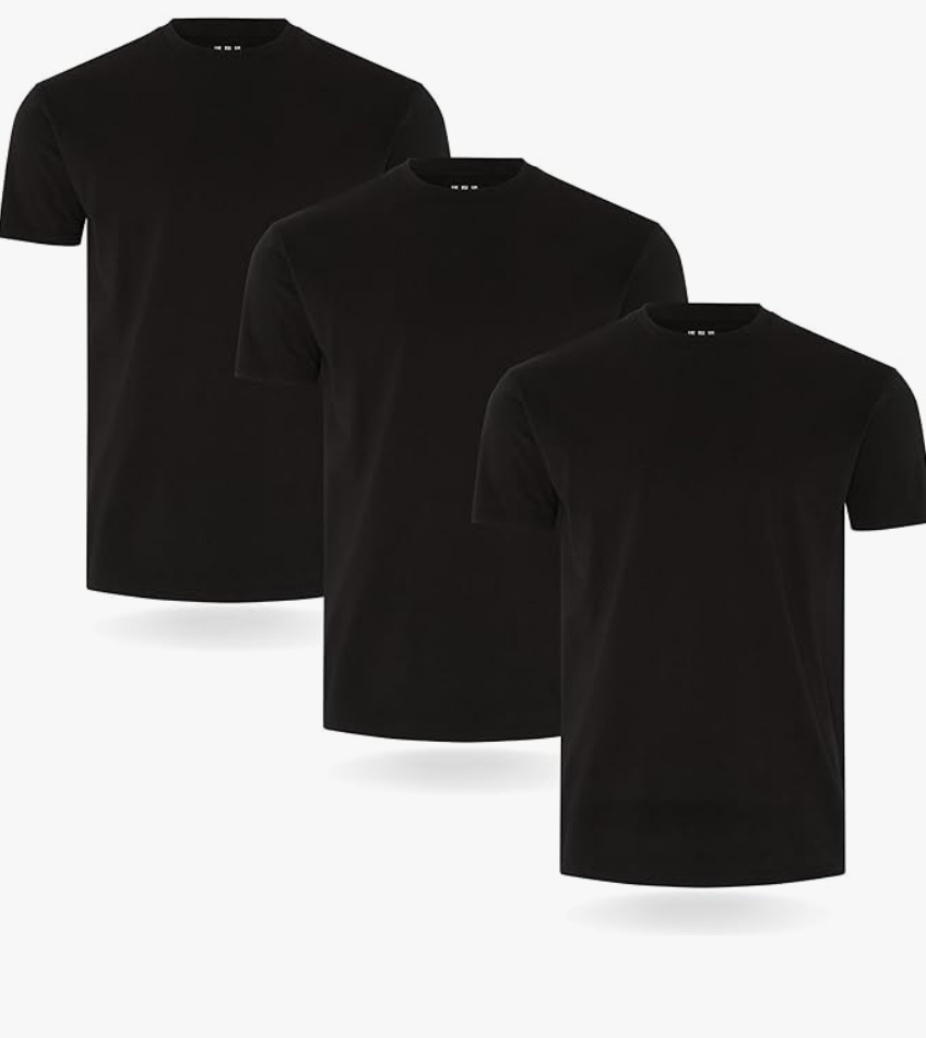 Stack of three plain black cotton crew neck t-shirts from the 10-pack